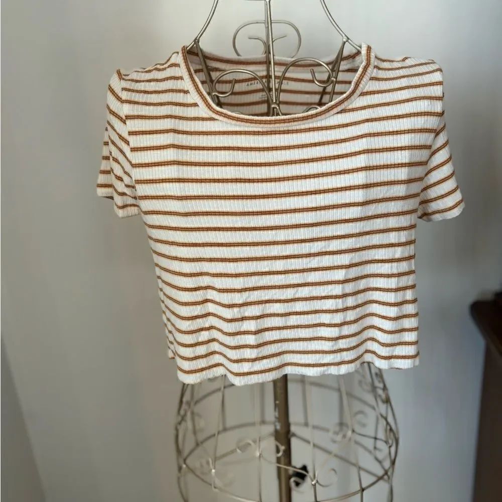 American Eagle Outfitters Ribbed Stripe Crop Tee Short Sleeve S Tan White